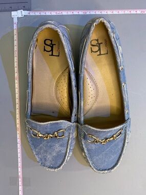 Women's Light Blue Denim Loafers with Gold Chain Trim 39Size SL Design